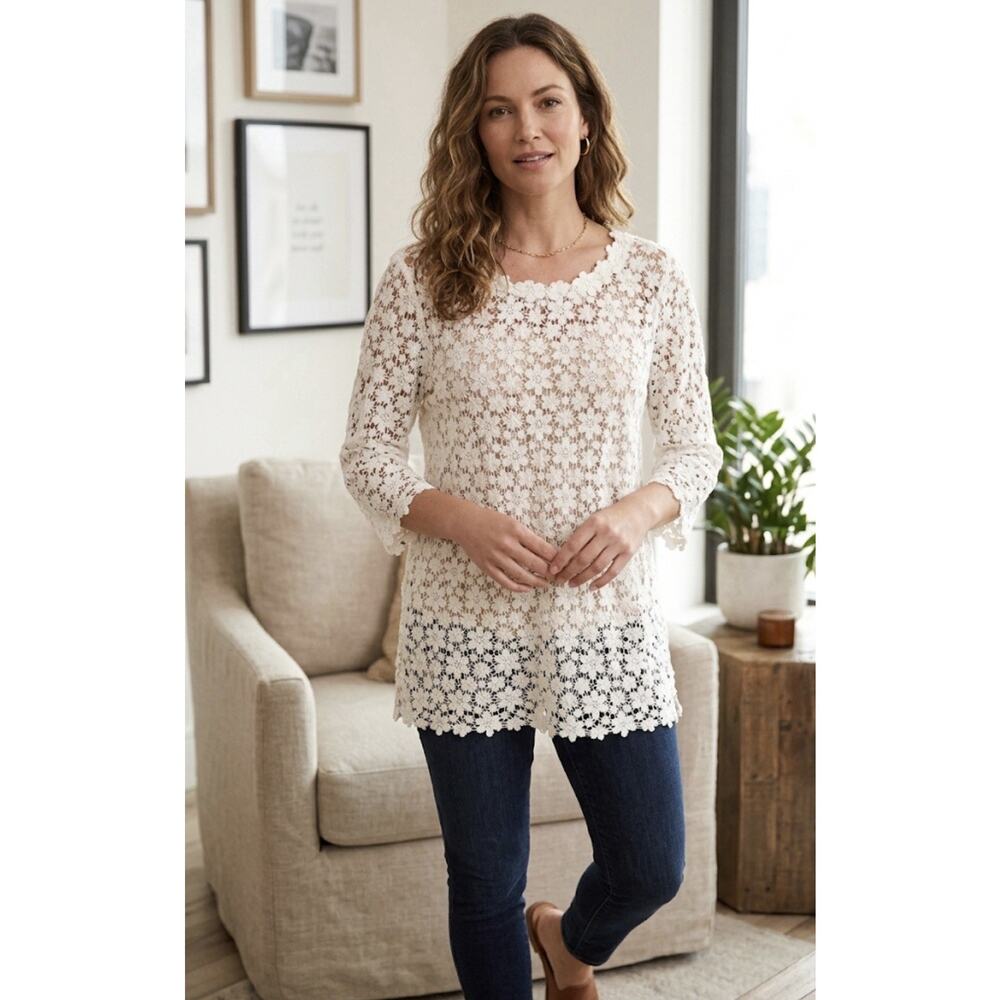 Sundance Blouse Floral Crochet Overlay Top 100% Cotton White Size L